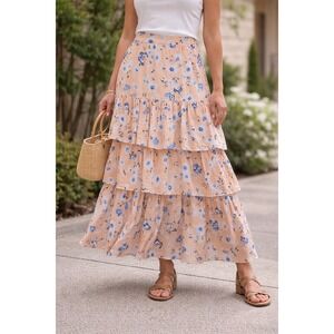 Ann Taylor Floral Tiered Maxi Skirt Women's 14 Peach Blue Ruffle Lined